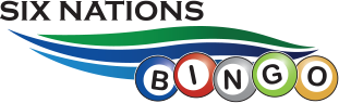 Six Nations Bingo Logo with three swooshes to represent the water and earth (blues and a green) and bingo is in bingo balls.